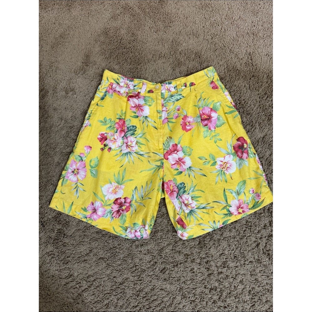 VTG Lauren Ralph Lauren Yellow Floral Linen Shorts size 6 Preppy Cottagecore
